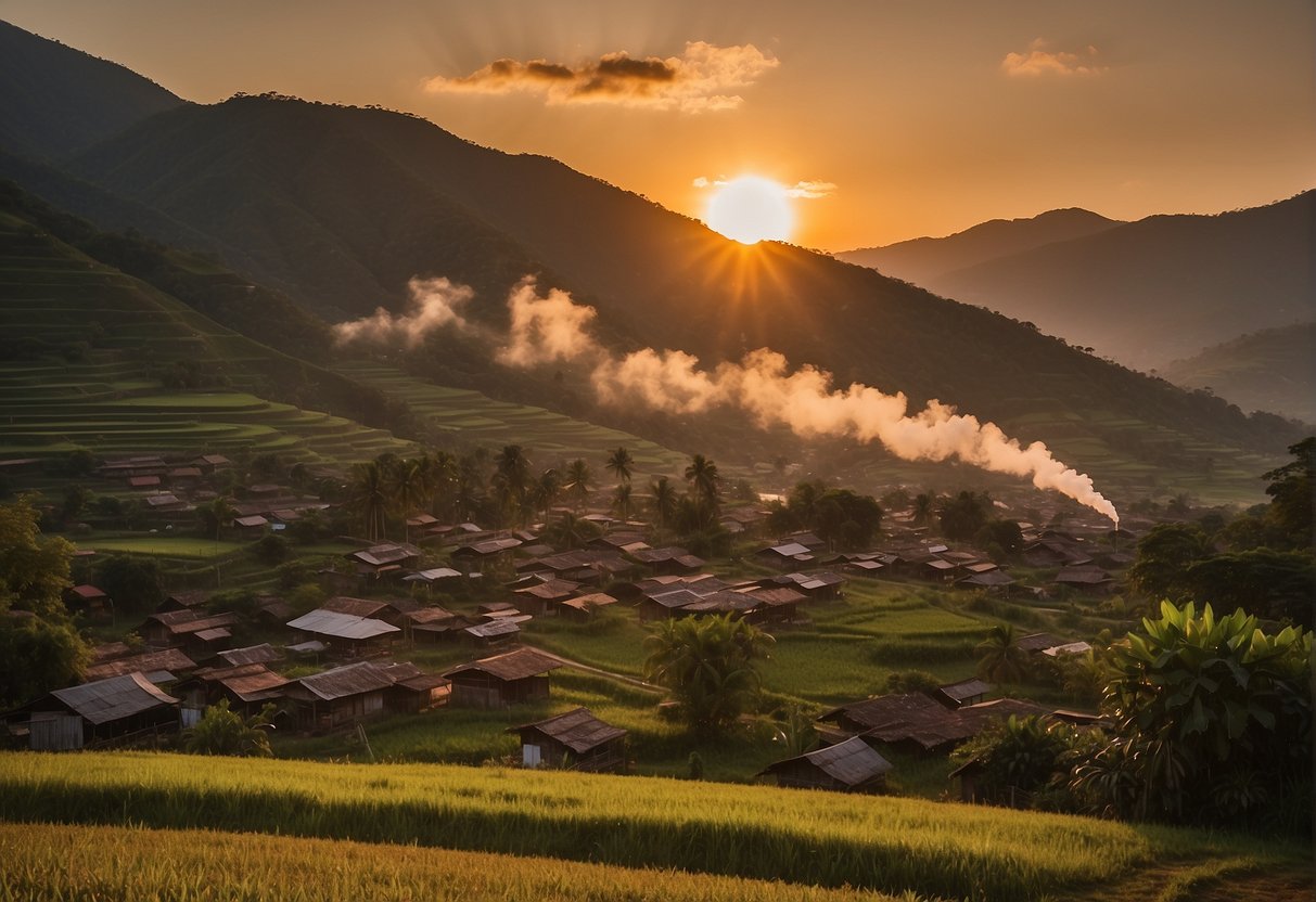 People farming rice in terraced fields in Calanasan. Mountains in the background. Blue sky with fluffy white clouds