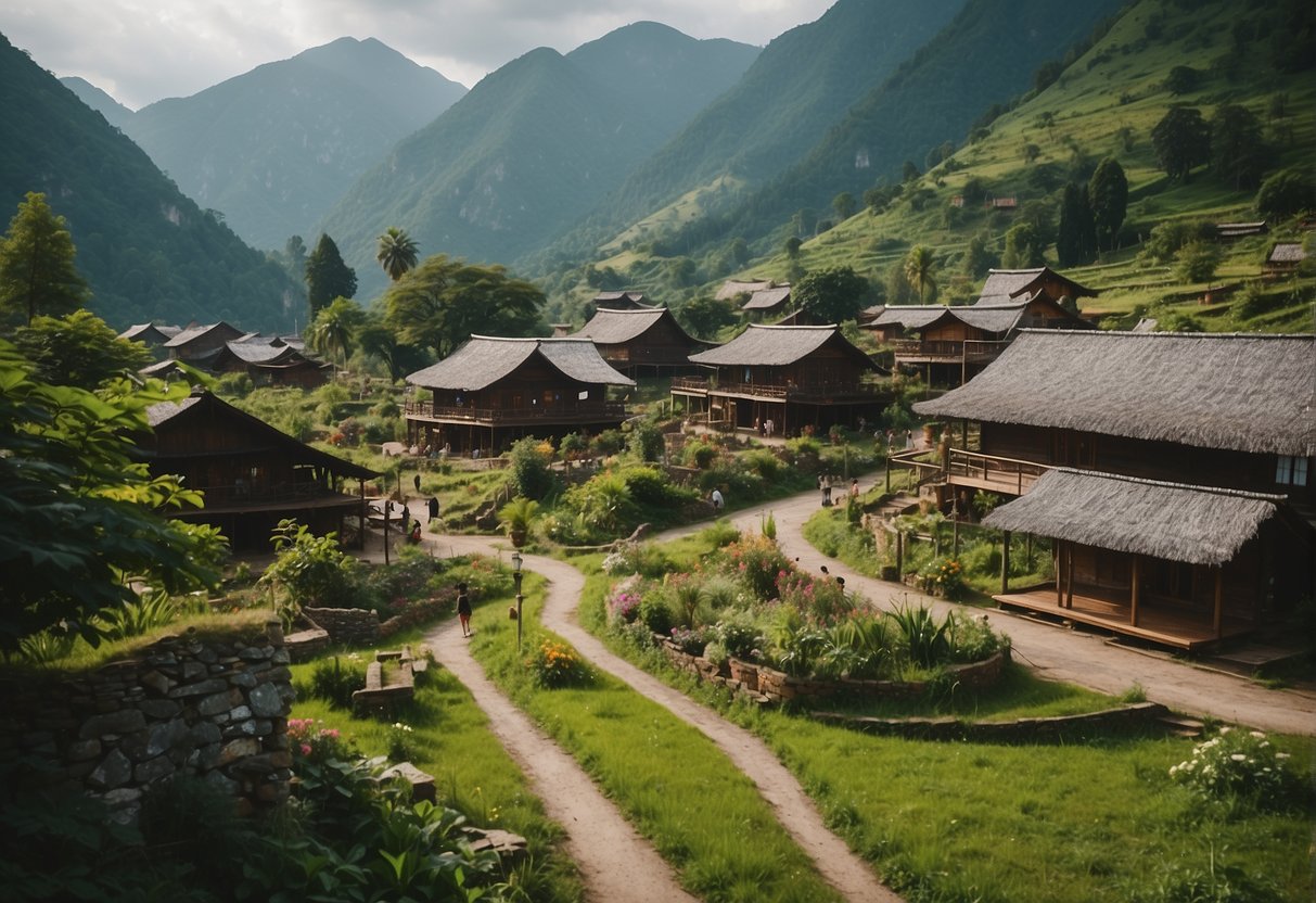 Vibrant village scene with cozy lodges, lush green mountains, and locals engaging in cultural activities