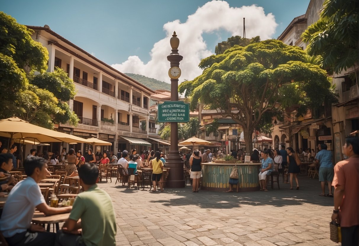 A bustling town square with a sign reading "Frequently Asked Questions: What to do in Calanasan" surrounded by locals and tourists seeking information