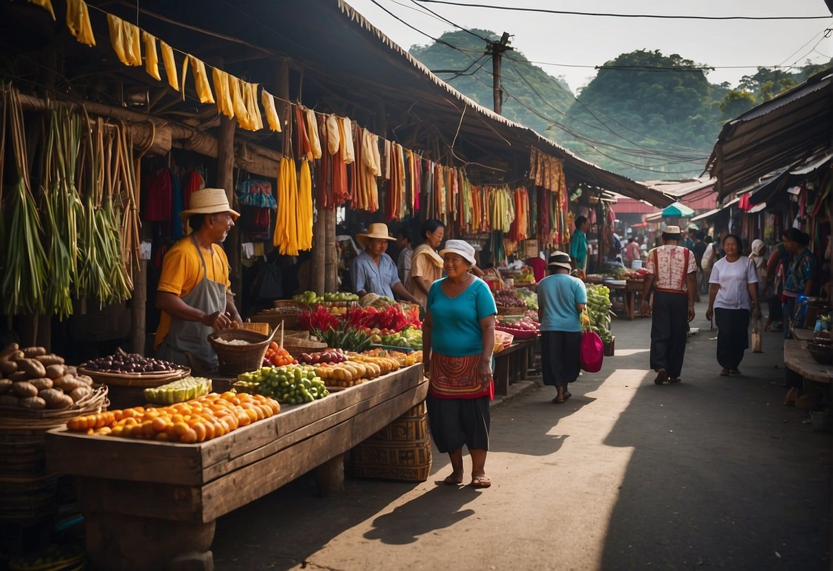 Vibrant market stalls line the bustling streets of Calanasan, showcasing local crafts and delicacies. Colorful traditional costumes and lively music fill the air, creating a festive atmosphere for cultural exploration