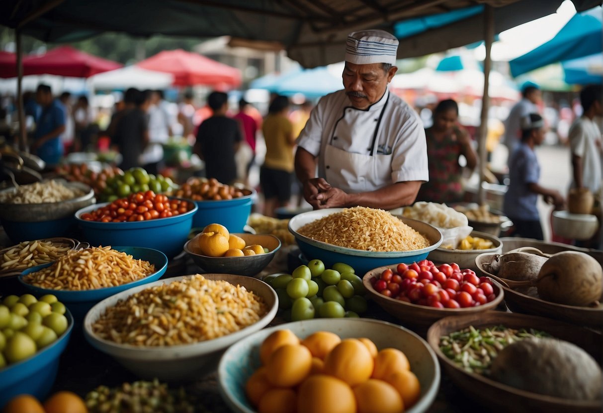A bustling market with colorful fruits, fresh seafood, and local delicacies. A chef expertly prepares a traditional Romblon dish while locals and tourists gather to sample the diverse culinary offerings