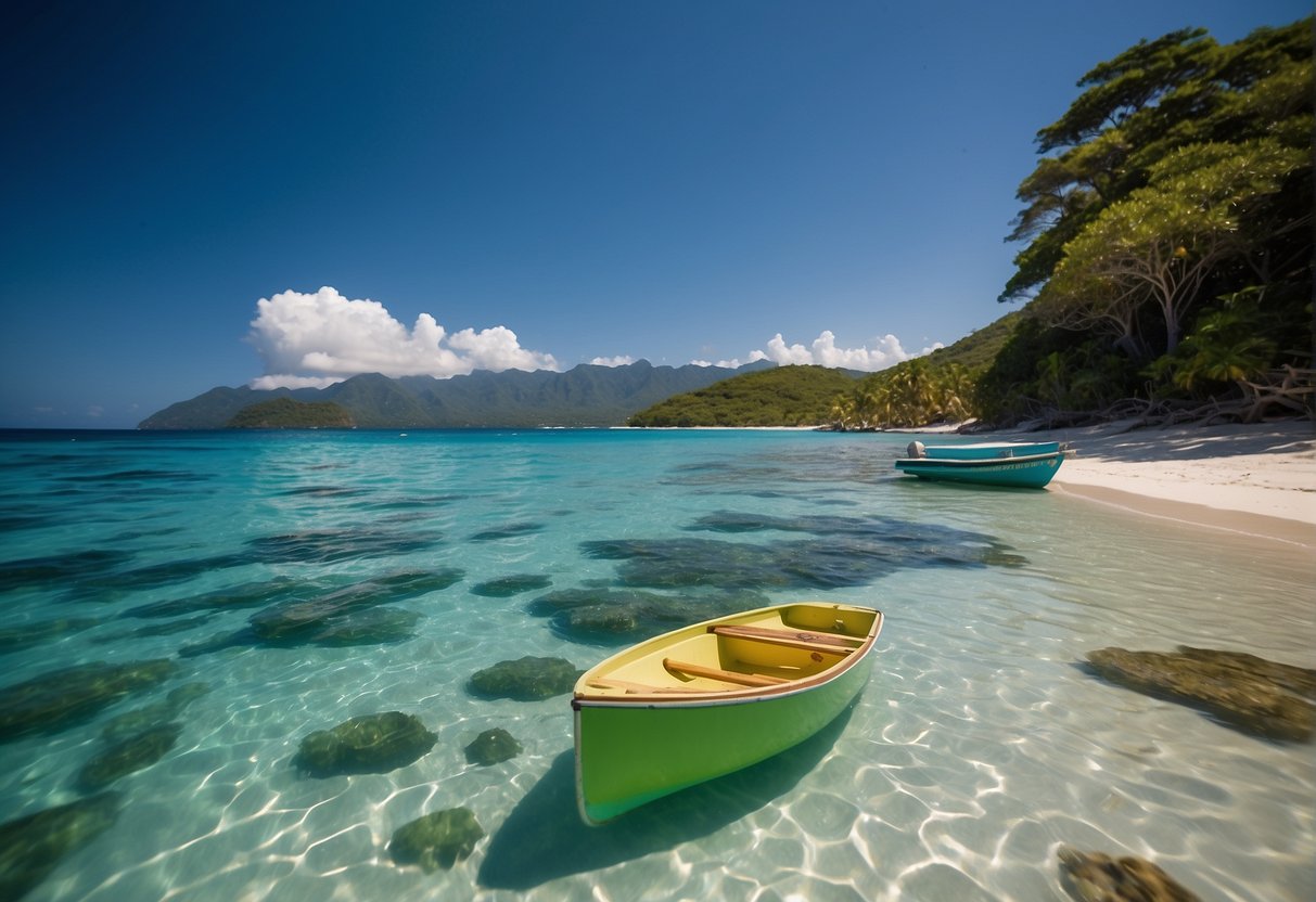 A serene beach with crystal-clear waters, surrounded by lush greenery and towering limestone cliffs. A colorful array of marine life can be seen through the transparent water