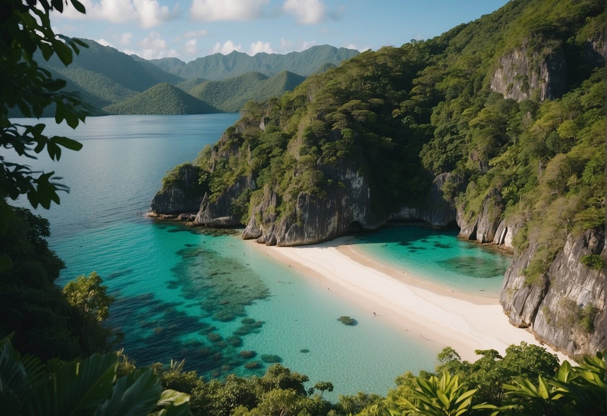 Crystal-clear waters lap against powdery white sand, framed by lush greenery and towering limestone cliffs. A serene paradise awaits in Romblon's pristine beaches
