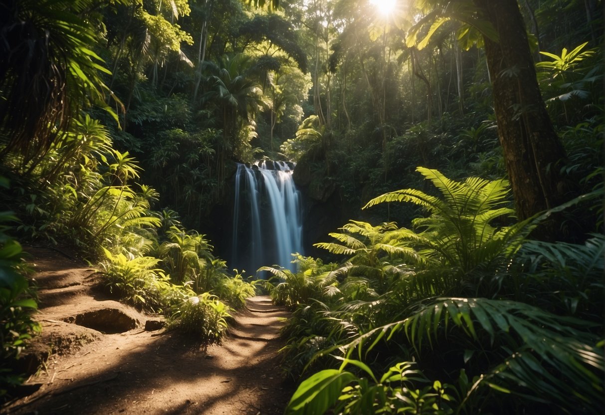 A lush forest with winding trails, leading to hidden waterfalls and pristine beaches in Romblon. The sun shines through the trees, casting dappled shadows on the ground. A sense of adventure and exploration fills the air