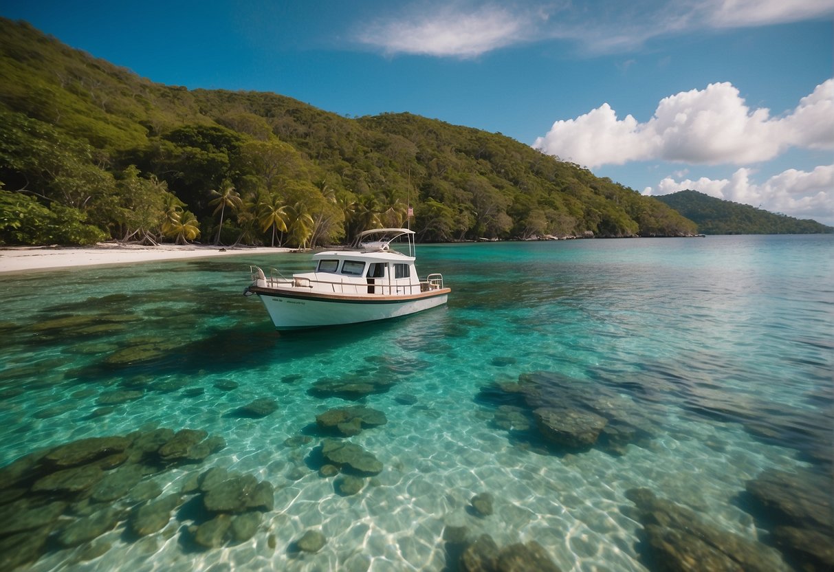 Crystal clear waters surround lush green islands. Boats docked on sandy shores. Colorful marine life visible beneath the surface. A serene and picturesque island hopping scene in Romblon