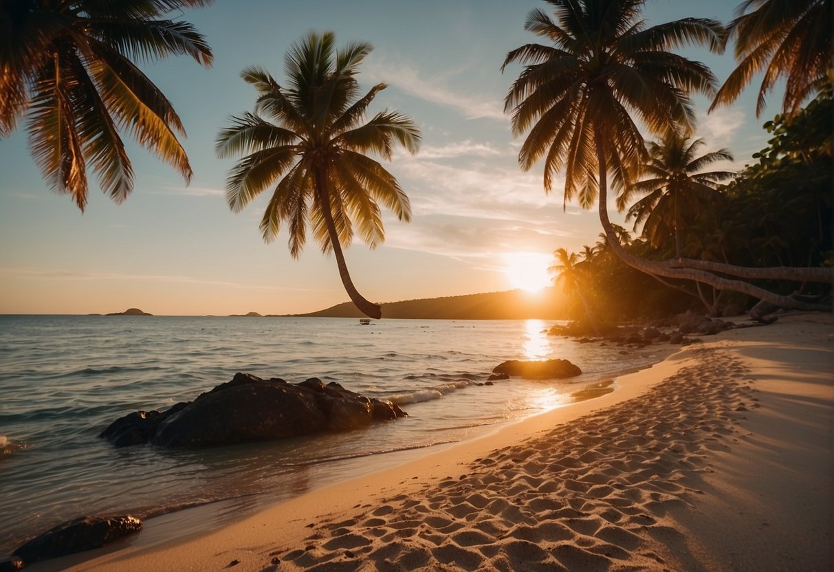 The sun sets over the pristine beaches of Romblon, casting a warm glow on the crystal-clear waters. Palm trees sway in the gentle sea breeze as tourists explore the island's hidden treasures