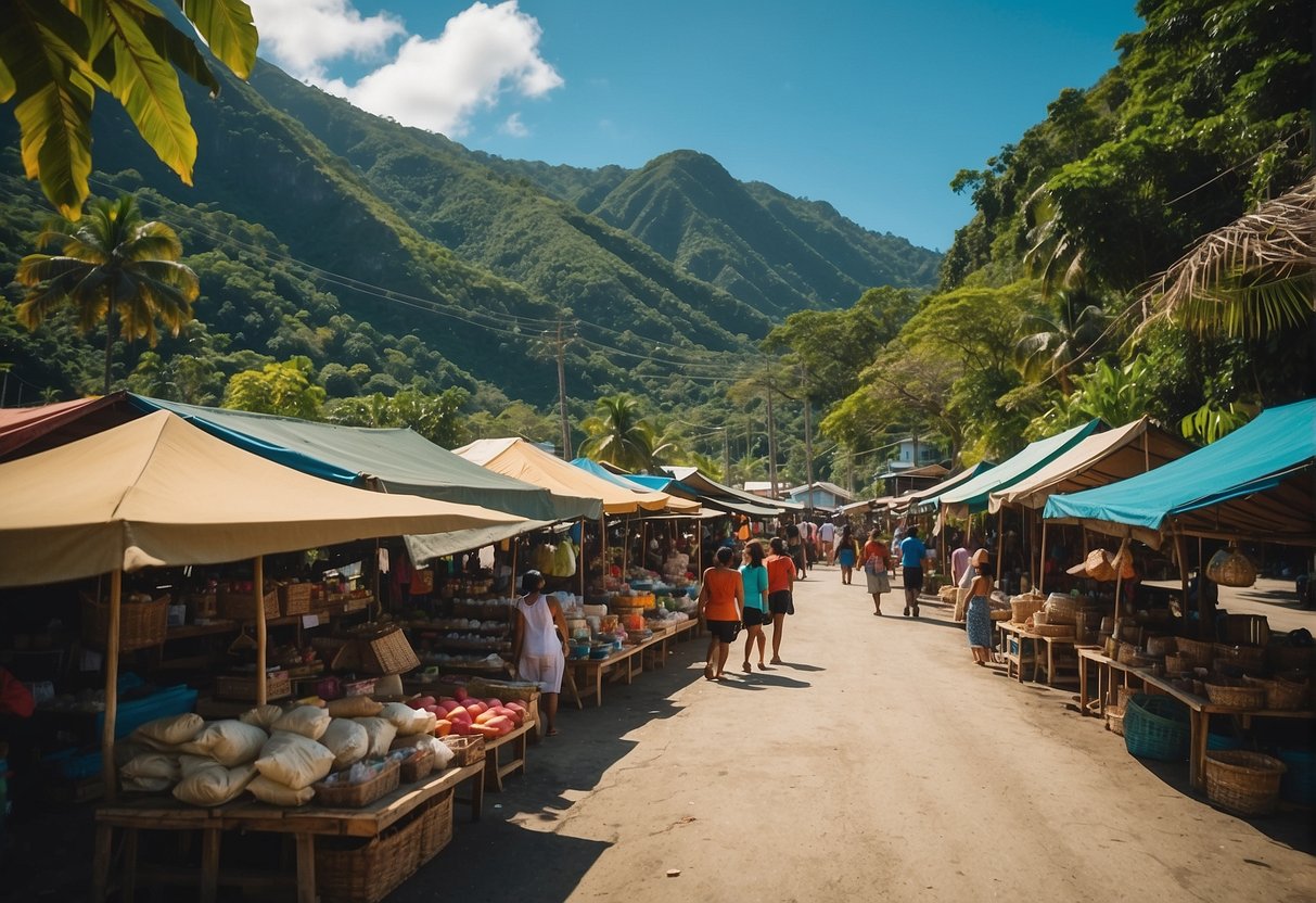 A bustling marketplace in Romblon, with vendors selling local crafts and produce, surrounded by lush green mountains and crystal-clear blue waters