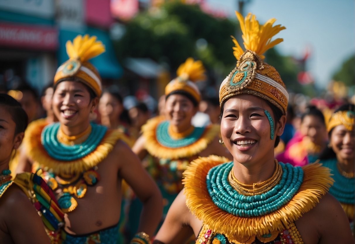 Colorful Ati-Atihan festival parade in Kalibo with vibrant costumes, music, and dancing. Crowds line the streets, vendors sell local delicacies