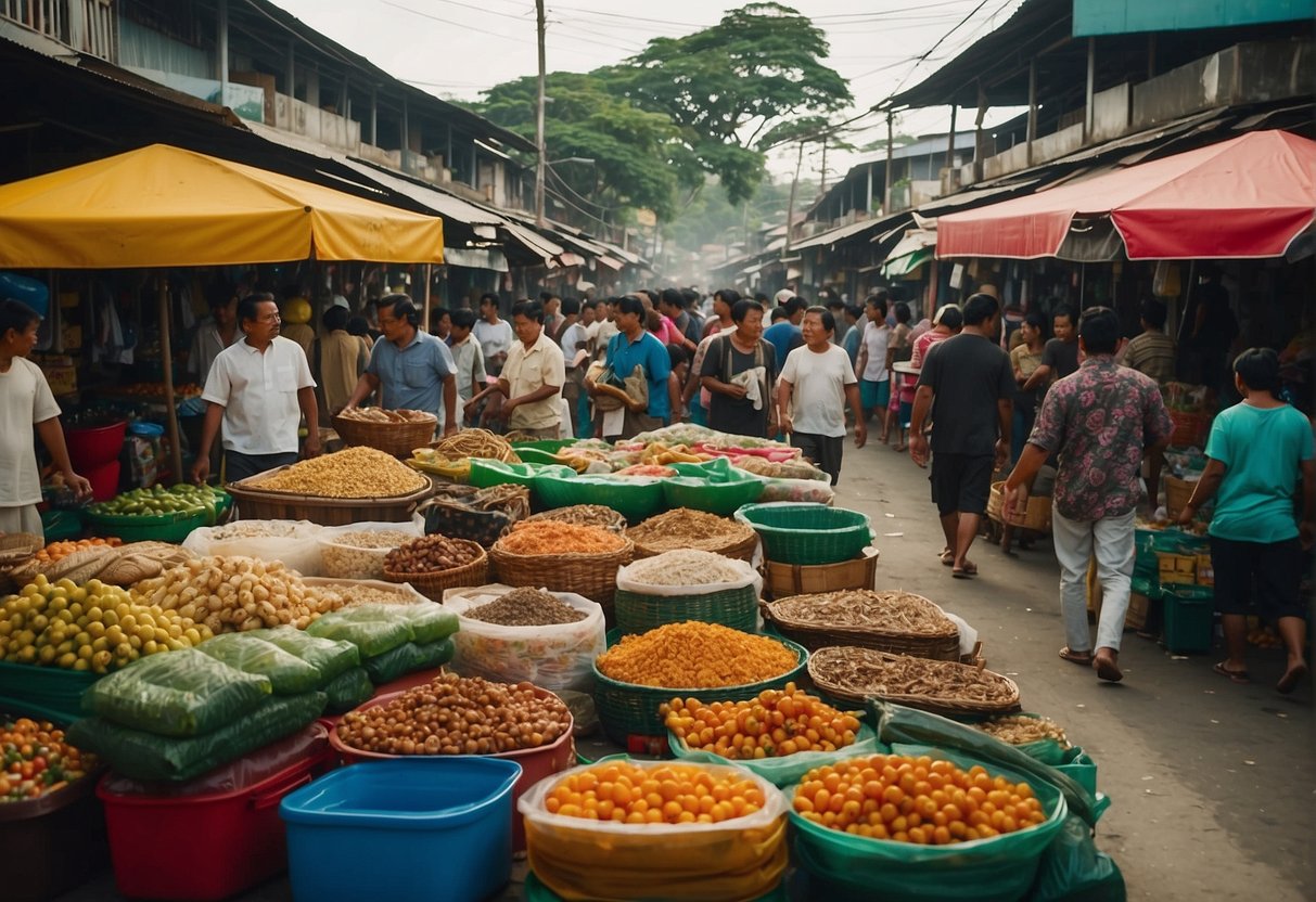 A bustling marketplace in Kalibo, with vendors selling local crafts and food, surrounded by vibrant colors and lively chatter