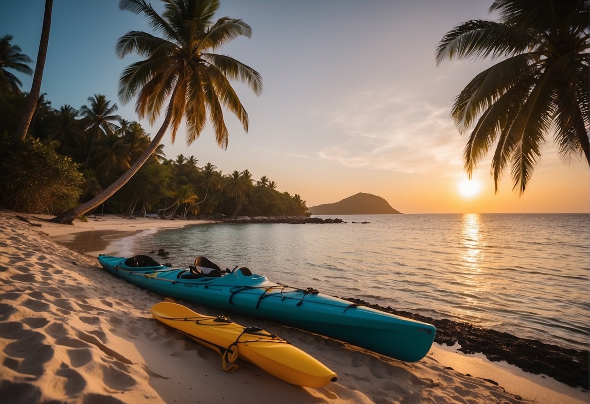 Sunset beach with palm trees, clear blue water, and a distant island. A couple of kayaks and a sailboat on the shore