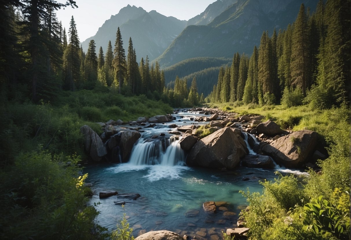 A serene river winds through lush forests, with towering waterfalls cascading into crystal-clear pools. A majestic mountain range looms in the distance, inviting hikers and adventurers to explore its rugged terrain