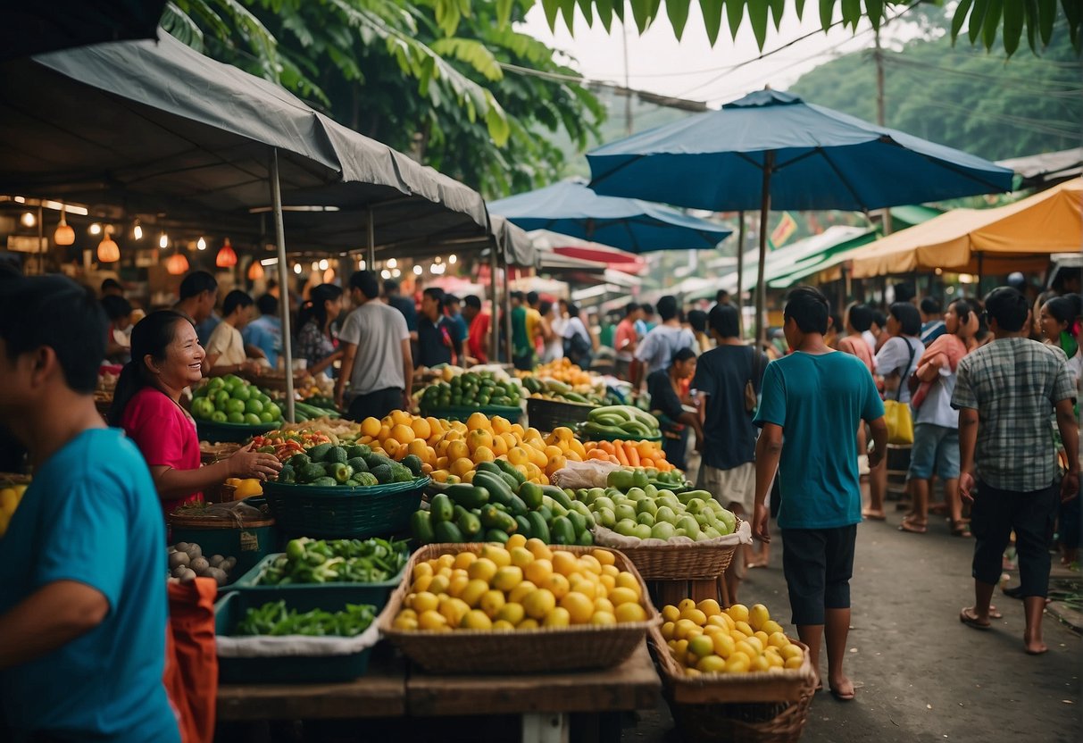 A bustling market with colorful stalls and local vendors, surrounded by lush greenery and the sound of flowing rivers in Dipolog City