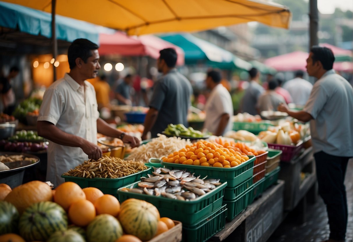 Busy market with colorful stalls selling fresh seafood, tropical fruits, and local delicacies. People chatting and bargaining, while food vendors cook up savory dishes