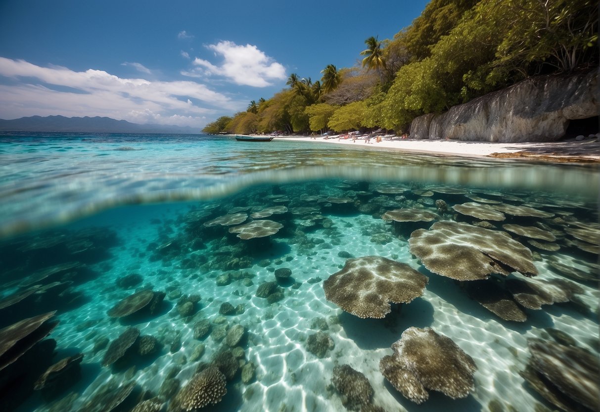 Crystal-clear waters surround Moalboal's white sandy beaches, perfect for snorkeling and diving among vibrant coral reefs and marine life