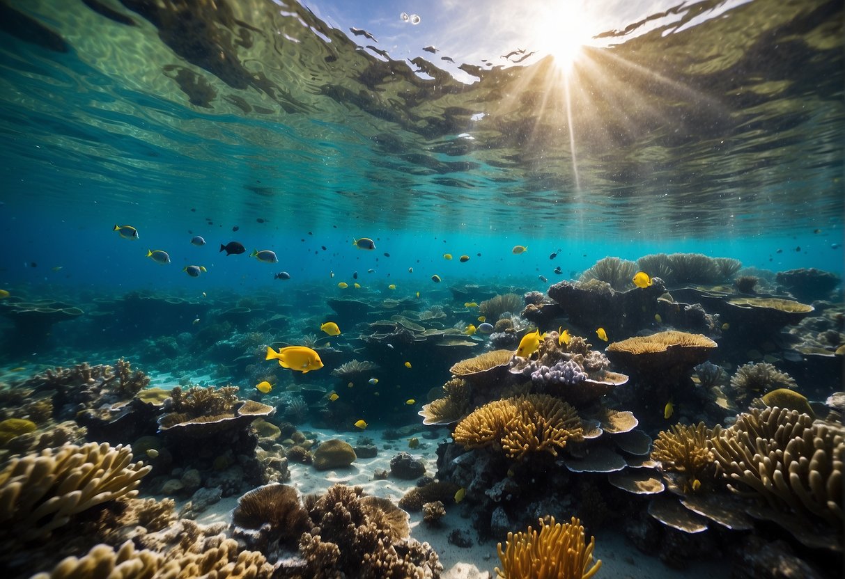 Crystal-clear waters, vibrant coral reefs, and diverse marine life in Moalboal. A group of snorkelers exploring the underwater world, surrounded by colorful fish and swaying seaweed