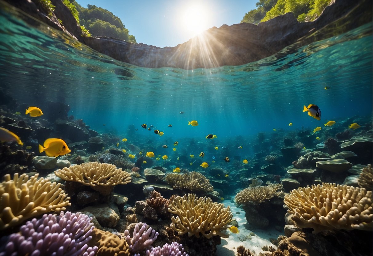 A colorful coral reef teeming with vibrant fish, surrounded by crystal-clear waters and a backdrop of towering cliffs and lush greenery