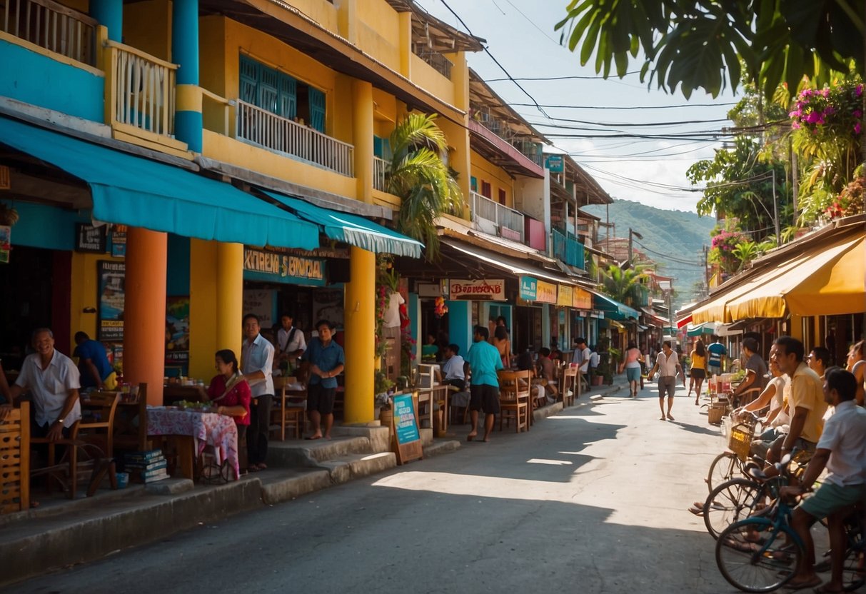 A bustling street in Moalboal with tourists exploring shops and restaurants, while locals go about their daily activities. The sun is shining, and the vibrant colors of the buildings create a lively atmosphere