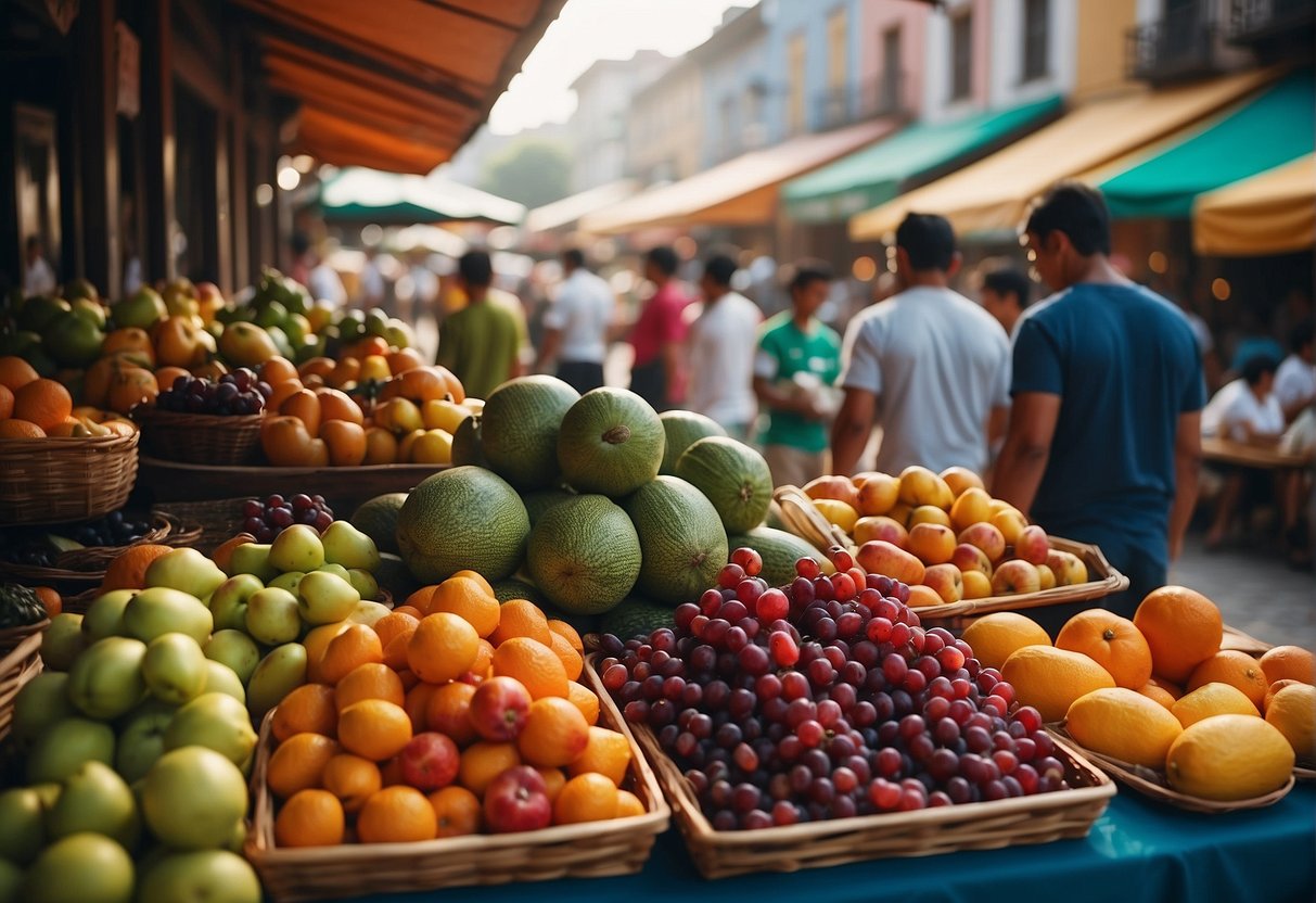 A bustling marketplace with colorful fruits, fresh seafood, and local crafts. Tourists and locals mingle, enjoying the vibrant atmosphere