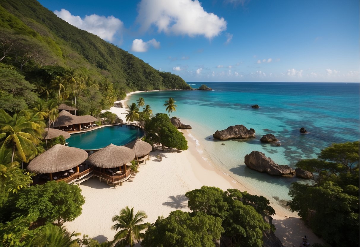 A serene beachfront resort with crystal-clear waters, surrounded by lush tropical greenery and vibrant marine life. Activities include snorkeling, diving, and exploring nearby waterfalls and caves