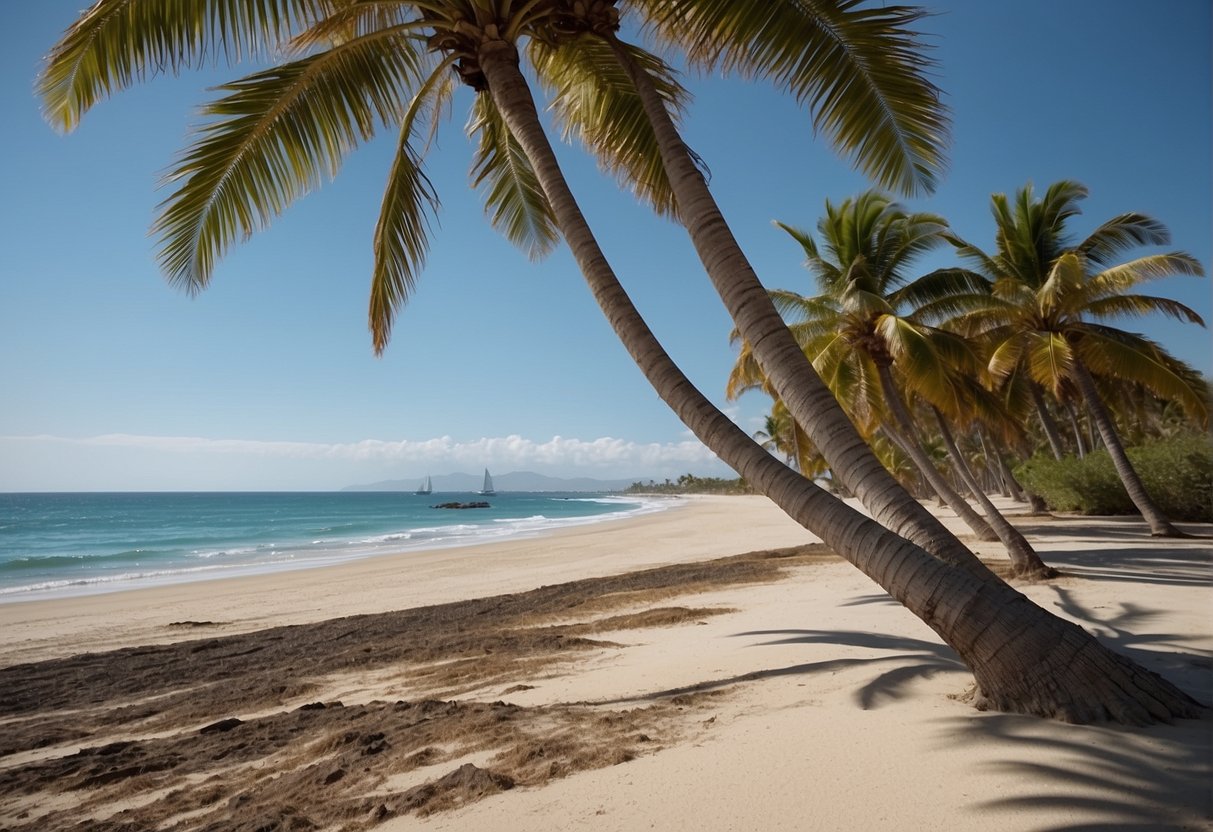 A serene beach with clear blue waters, palm trees swaying in the gentle breeze, and a distant view of a historic landmark