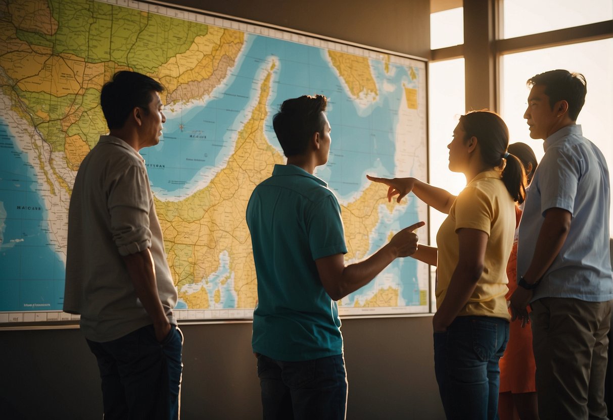 People gathered around a map of Mactan, pointing and discussing. A tour guide stands nearby, answering questions and giving directions. The sun shines through the window, casting a warm glow on the scene