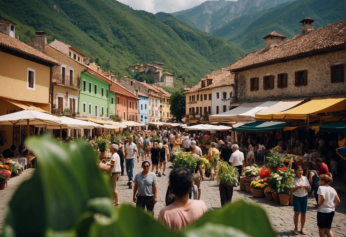 Lush green mountains overlook a quaint town square with colorful buildings, bustling market stalls, and locals enjoying traditional music and dance