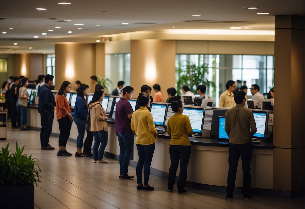 Customers line up at Robinsons Magnolia customer service desk, seeking assistance and information. The bright and spacious area is filled with people, with staff members busy attending to their needs