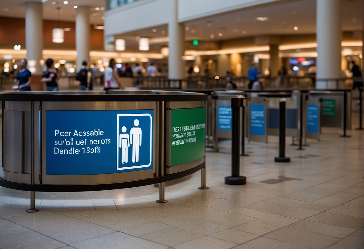 People with disabilities accessing ramps and elevators at Eastwood Mall. Signage for accessible restrooms and seating areas