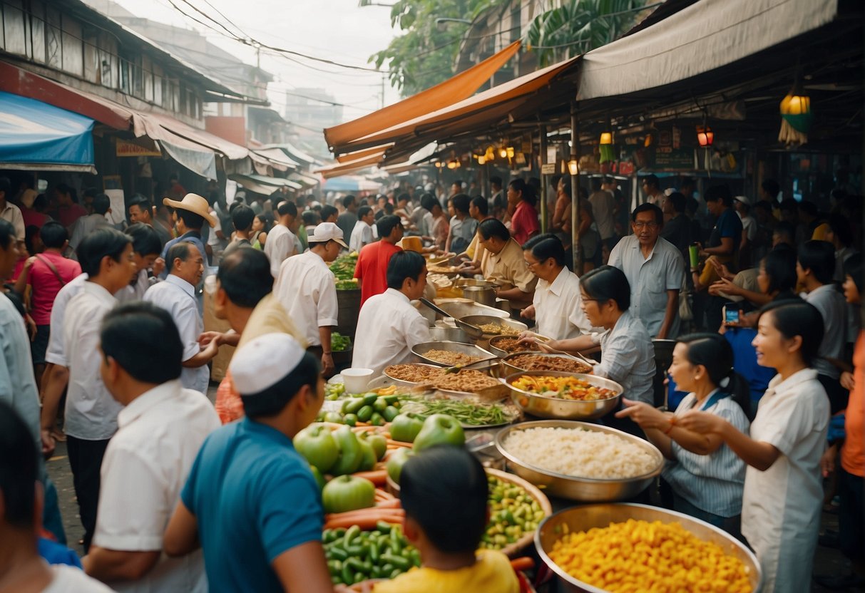 A bustling street market with colorful food stalls, serving exotic dishes like Bicol Express and Kinalas. A diverse crowd enjoys the unique culinary offerings