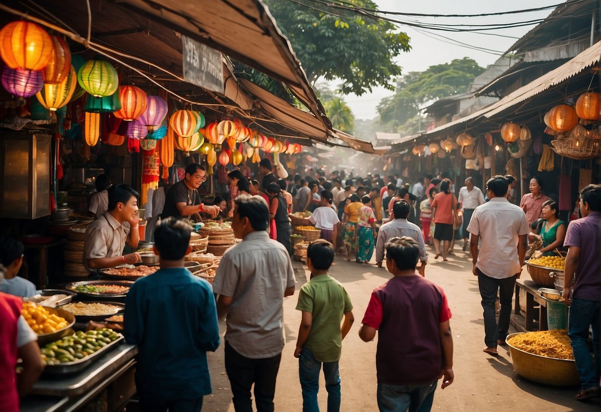 A bustling street in Naga, with colorful food stalls and people enjoying various dishes. Signage reads "Frequently Asked Questions: Where to Eat in Naga."