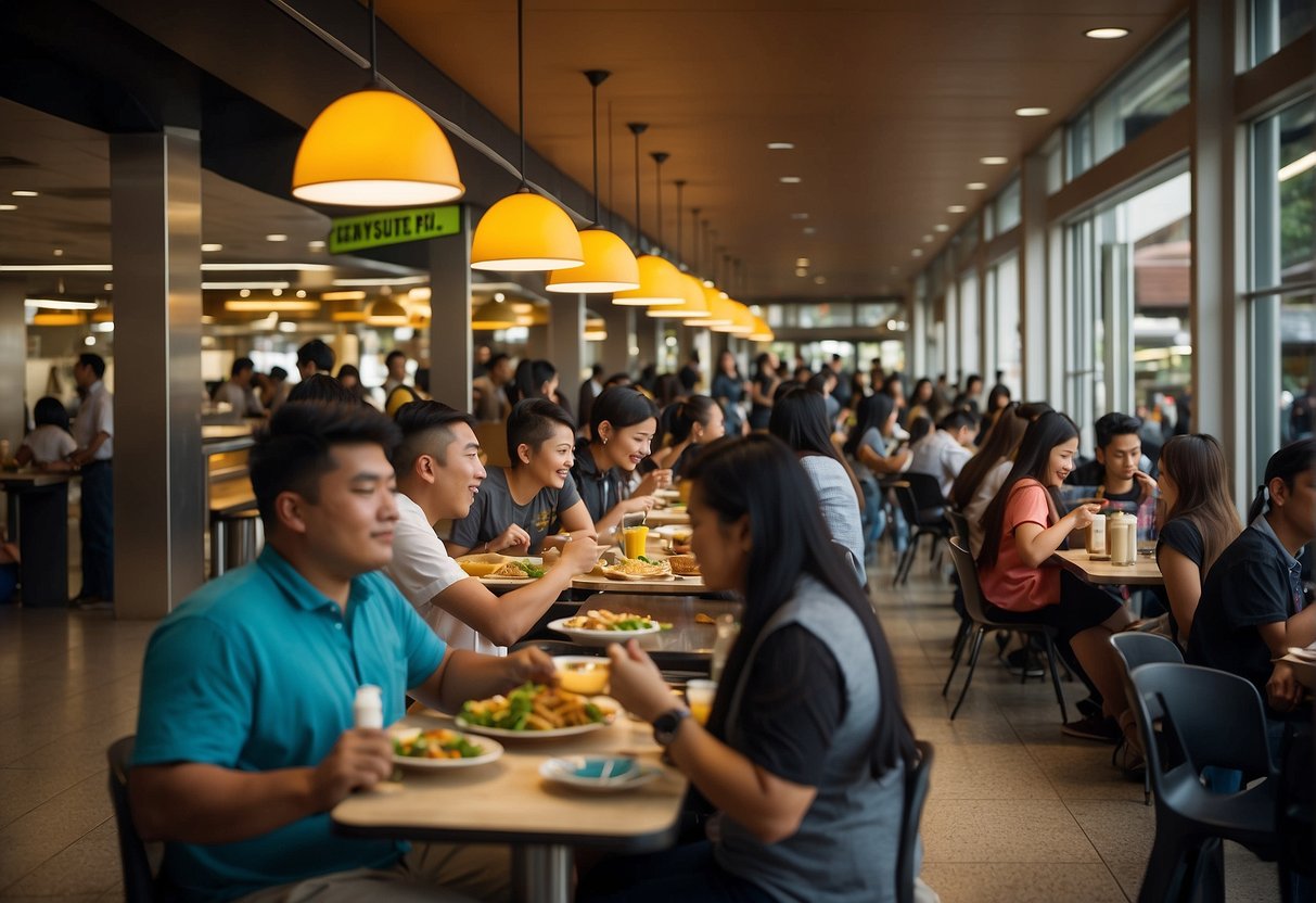 Students enjoy diverse food options in UST's bustling food court. Vendors serve up local and international cuisine amid lively chatter and enticing aromas