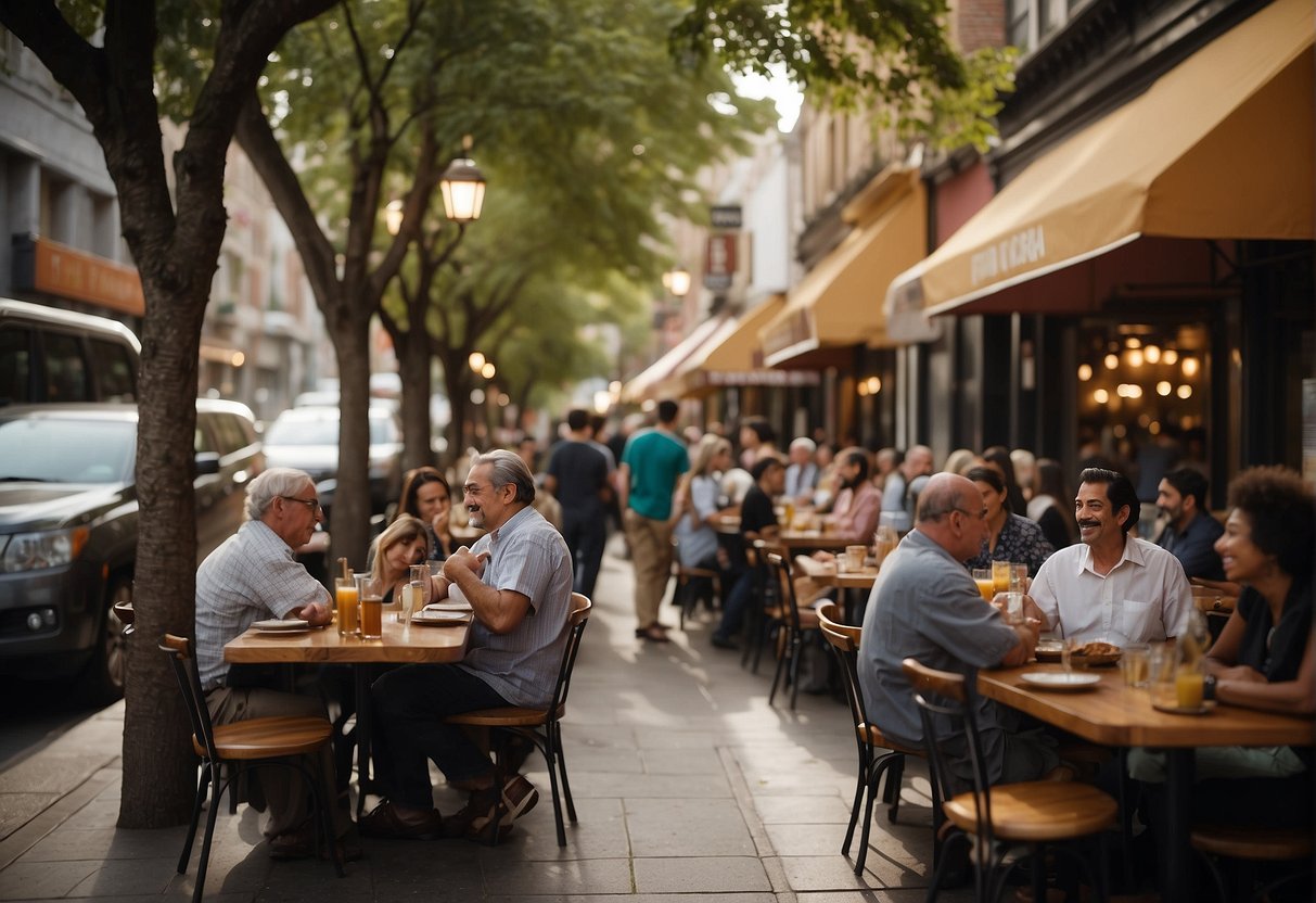 A bustling street lined with diverse restaurants, each showcasing their unique international cuisine. Patrons sit at outdoor tables, enjoying the vibrant atmosphere and delicious aromas
