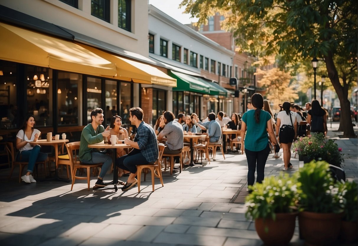 A bustling cafe near campus with students chatting, studying, and enjoying coffee and pastries. Outdoor seating, colorful decor, and a lively atmosphere