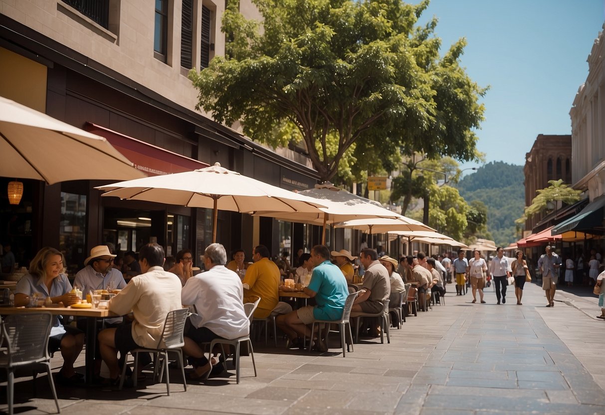 Customers enjoy outdoor dining on a bustling street in UST, with colorful umbrellas shading the tables and a variety of food vendors lining the sidewalk