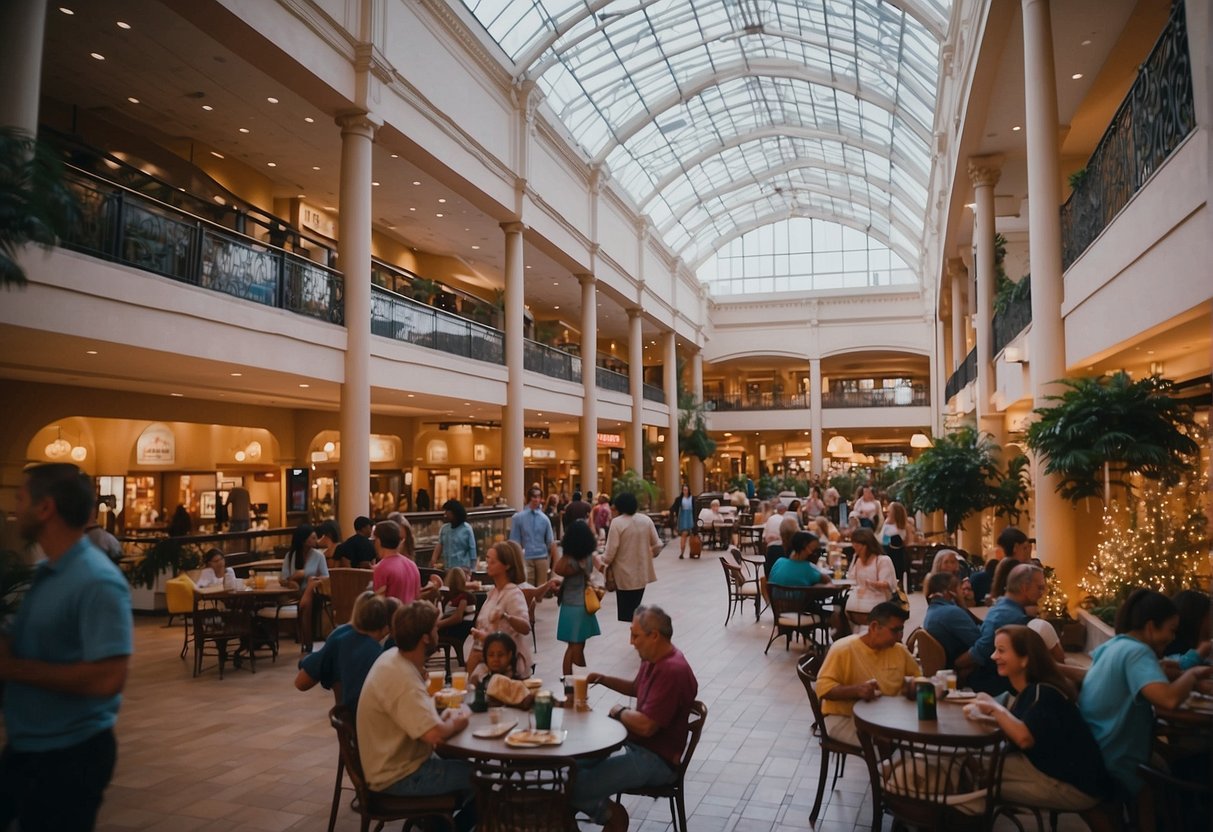 Visitors exploring Eastwood Mall, browsing shops, dining at restaurants, and enjoying live entertainment