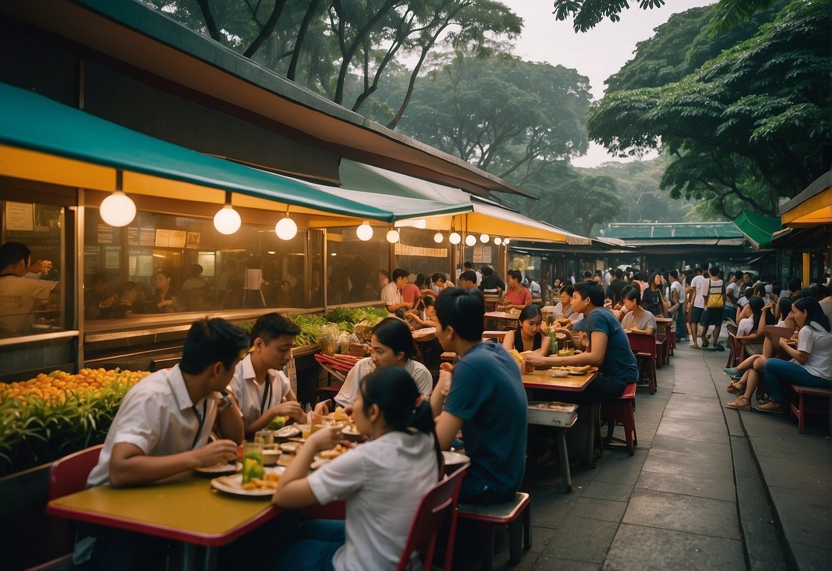 Students dining at various food stalls in UP Diliman, surrounded by lush greenery and modern architecture