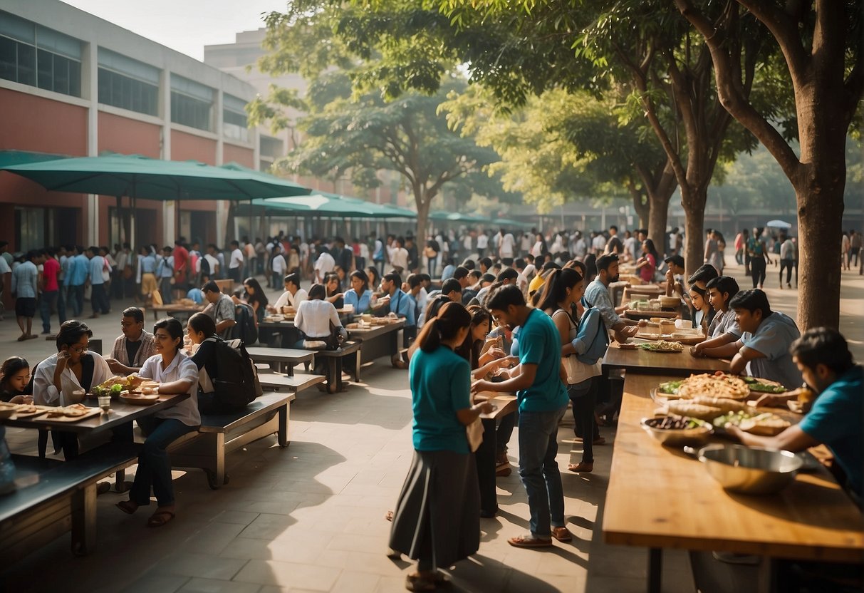 A bustling campus with students and faculty. Various food stalls and restaurants line the streets, offering a diverse array of cuisines. The atmosphere is lively and energetic, with people chatting and enjoying their meals