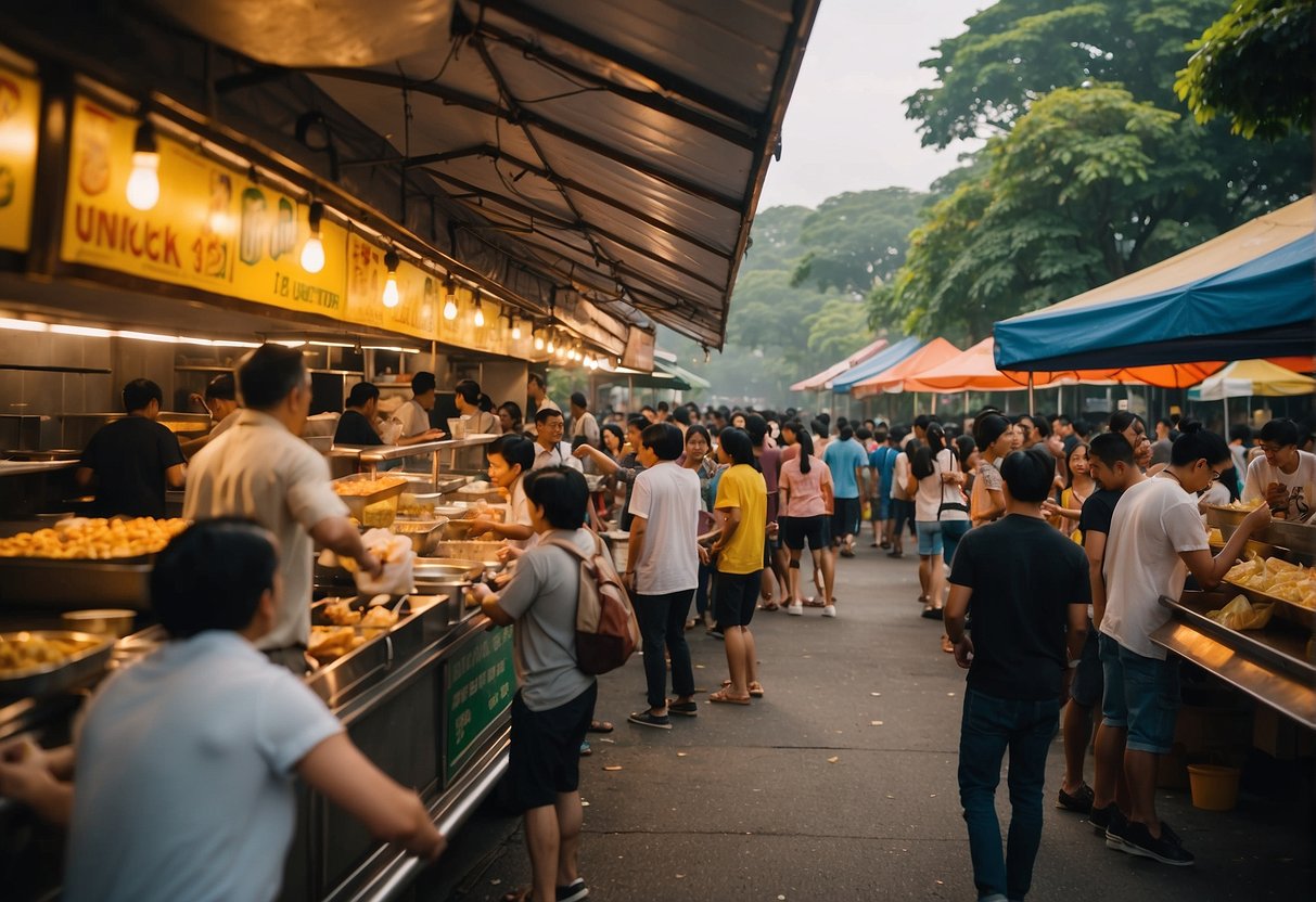 A bustling food stall area with colorful signage and people milling about, enjoying a variety of snacks and quick bites in the vibrant atmosphere of UP Diliman