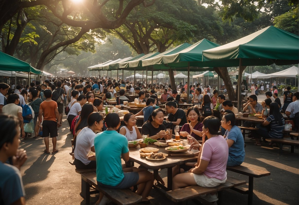 People enjoying affordable food at outdoor tables in UP Diliman. Various food stalls and vendors offer a wide range of options