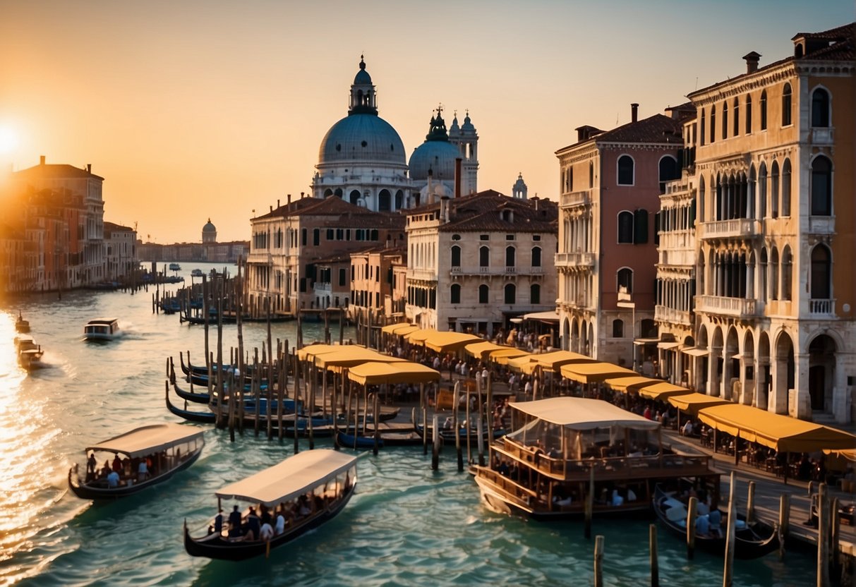 A bustling scene along the Grand Canal in Venice, with gondolas and water taxis navigating the waterway, and people dining at outdoor cafes lining the waterfront