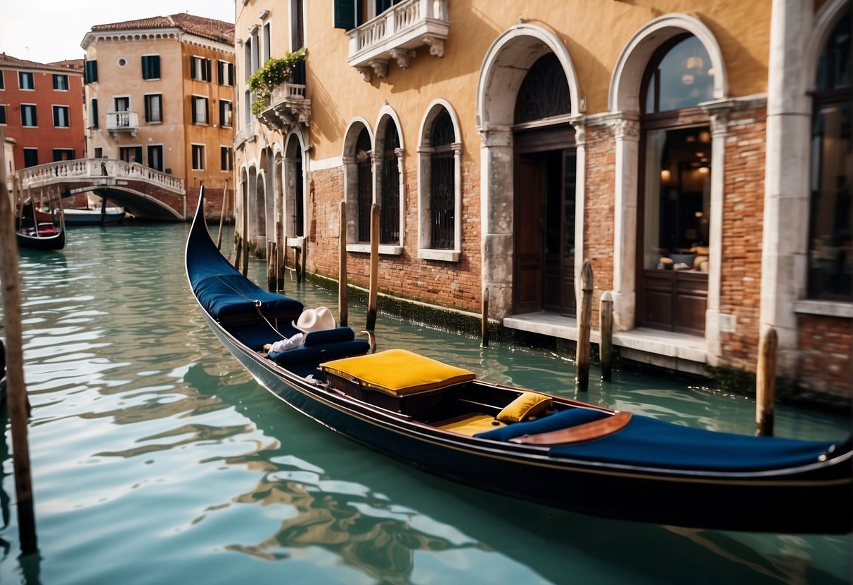 A gondola glides along the bustling Grand Canal, passing by charming waterfront restaurants and cafes with diners enjoying their meals al fresco