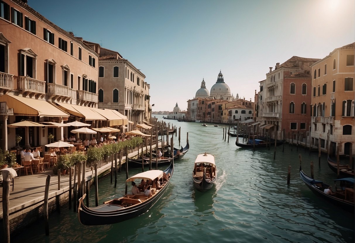 A bustling scene along the Grand Canal, with outdoor cafes, gondolas, and historic buildings lining the waterway. The aroma of Italian cuisine fills the air as visitors dine al fresco
