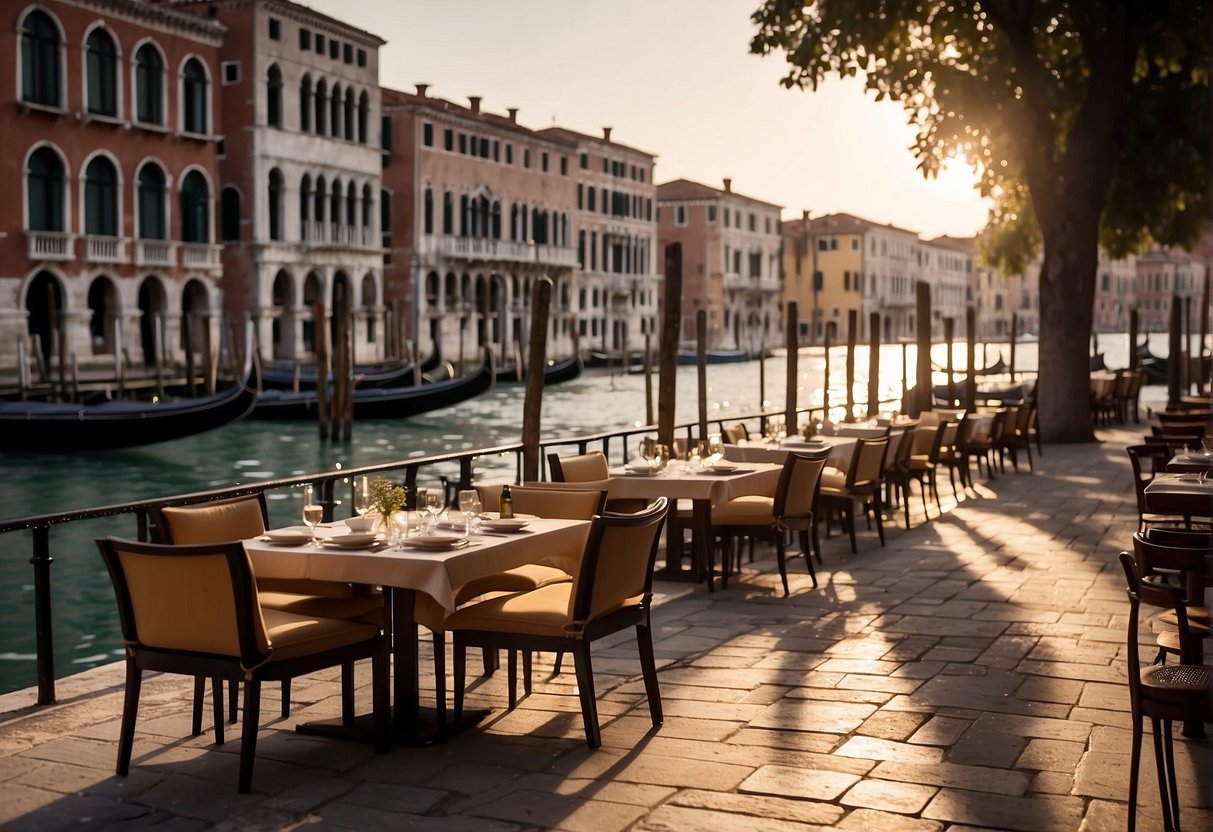 People dining at outdoor tables along the Grand Canal in Venice, with gondolas passing by and historic buildings in the background