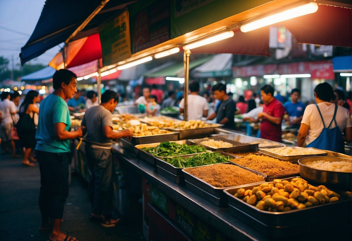 A bustling food market in Valenzuela, with colorful stalls and delicious aromas filling the air. People enjoying various cuisines under the shade of umbrellas
