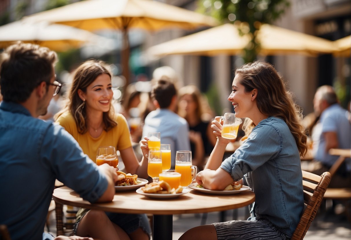 People enjoying food and drinks at outdoor tables in a vibrant café setting