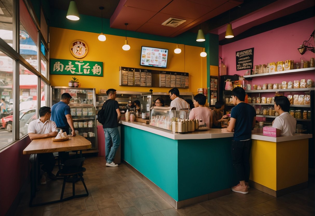 A colorful and bustling milk tea shop in Valenzuela, with a line of customers eagerly waiting to order their favorite drinks. The shop is adorned with vibrant signage and cozy seating, creating a welcoming and inviting atmosphere