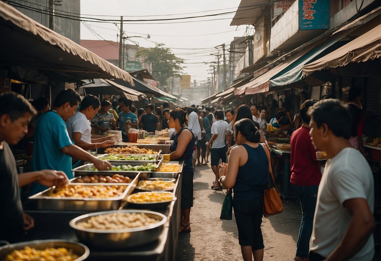 A bustling street in Valenzuela with various food stalls and restaurants, with people milling about and looking at menus