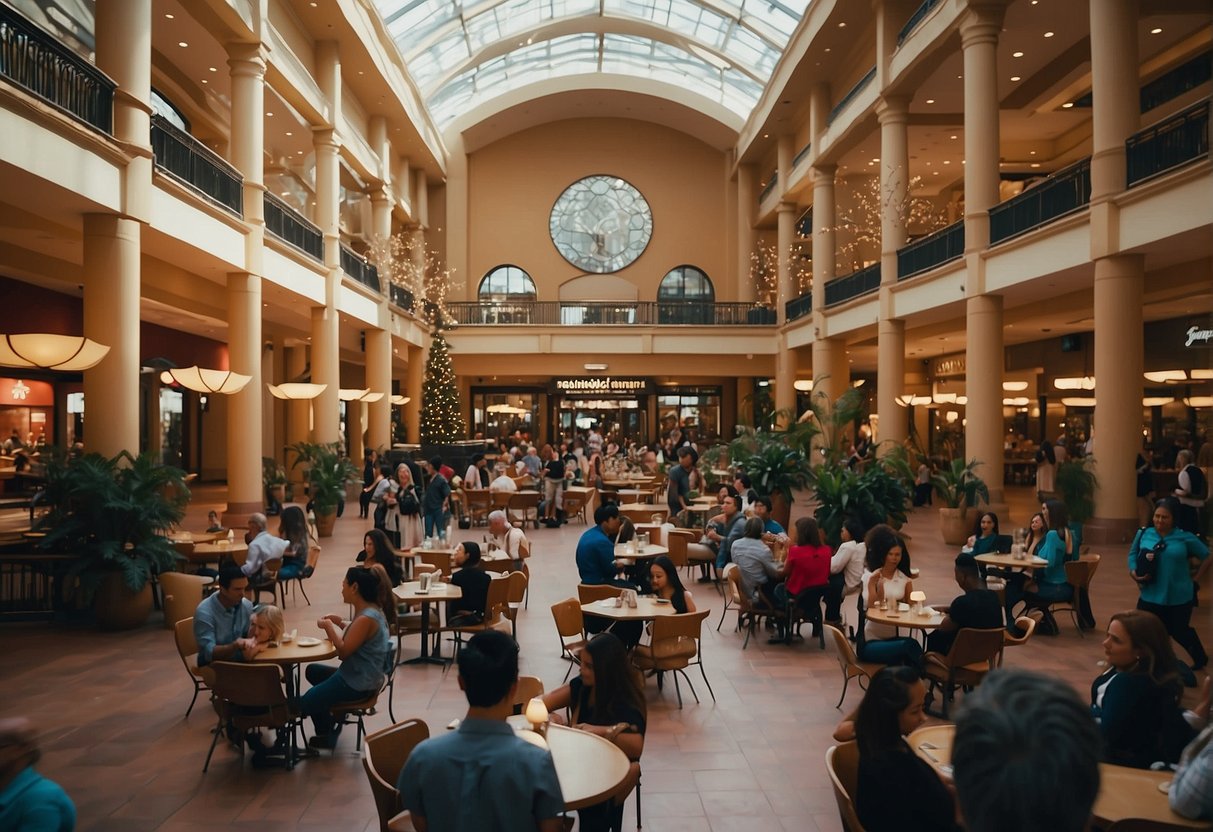 People enjoying live music, shopping, dining, and movies in the bustling Eastwood Mall