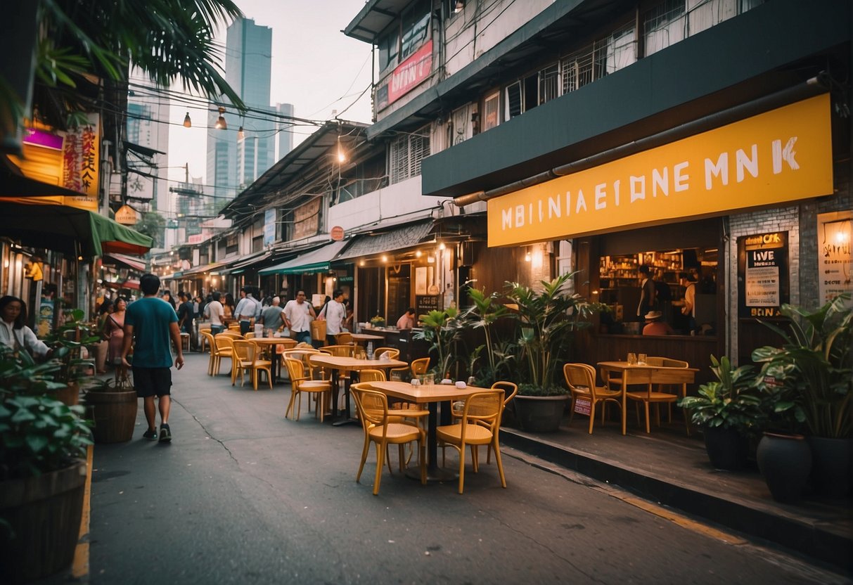 A bustling street lined with trendy eateries and bars in the heart of Makati's Poblacion district, with colorful signage and inviting outdoor seating