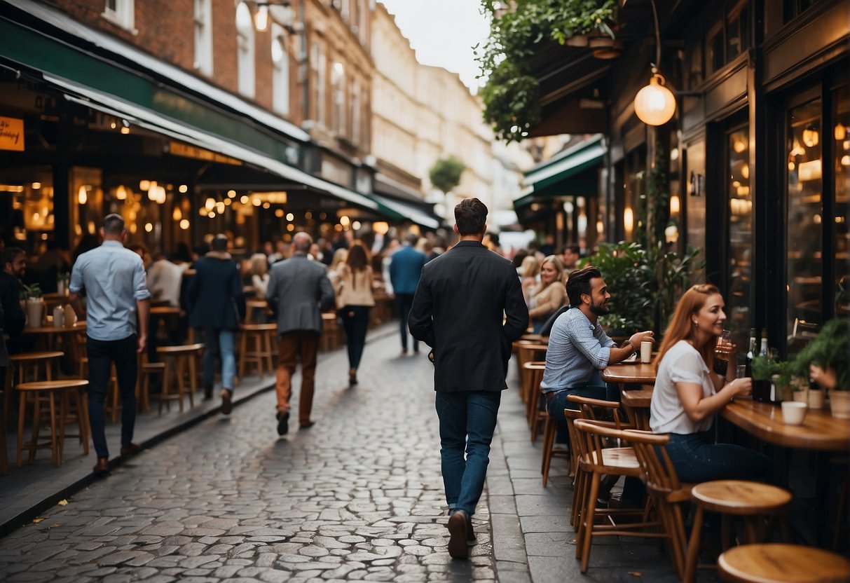 A bustling street lined with trendy cafes and bars, filled with people enjoying their drinks and chatting. Vibrant and lively atmosphere